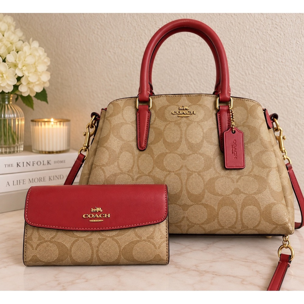 Coach Signature Canvas Satchel and Wallet Set Khaki Pink F28989 Handbag